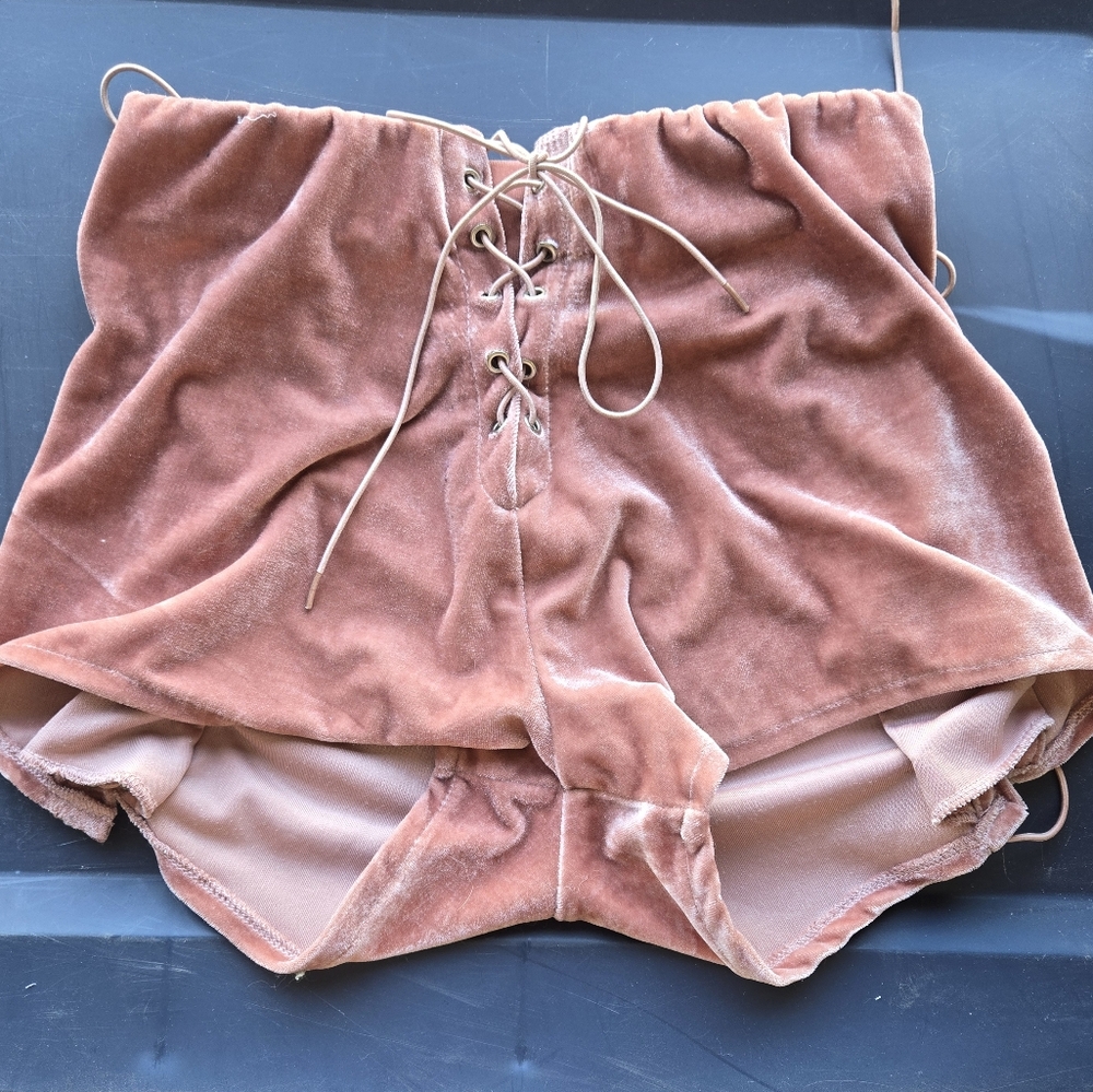 Rare Unif Iconic Velvet Lace-Up Shorts in Dusty Pink